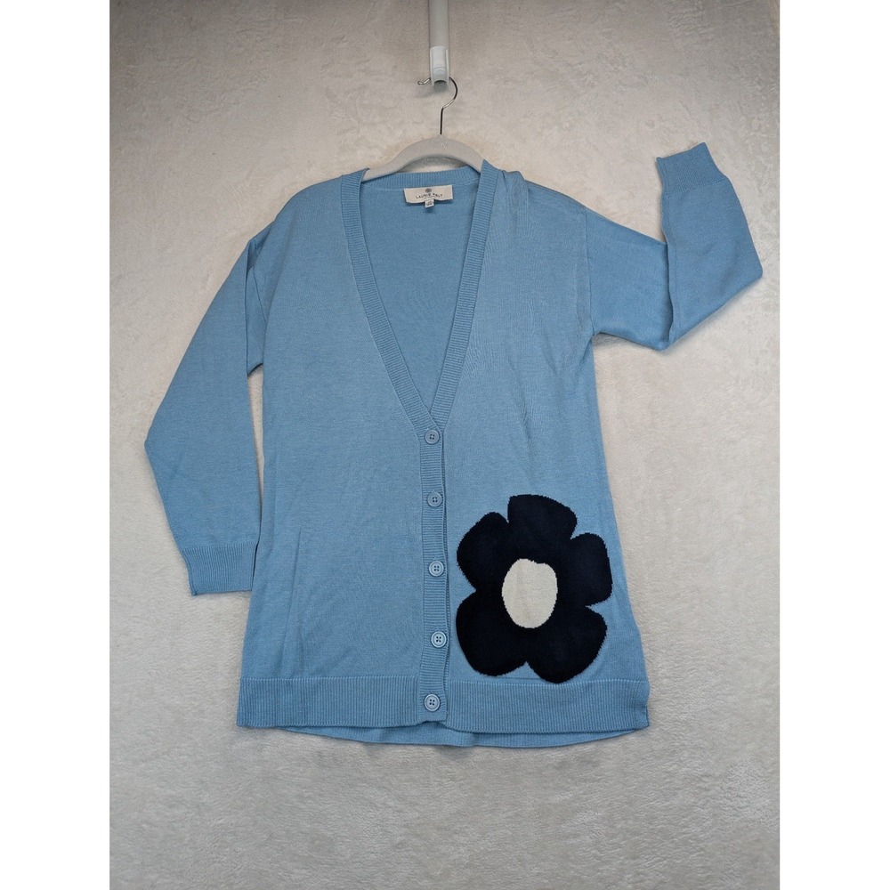 Laurie Felt Cardigan Womens XS Cashmere Blend Blue Daisy Flower Intarsia Long